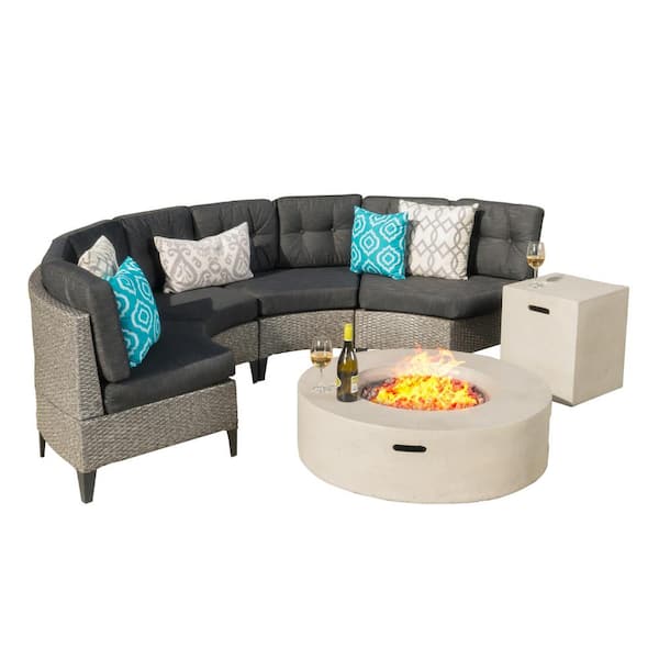 Noble House Navagio Mixed Black 6-Piece Faux Rattan Patio Fire Pit Sectional Seating Set with Dark Gray Cushions