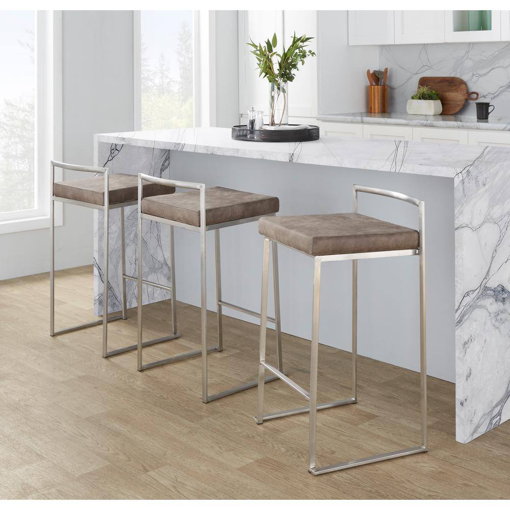 Fuji Brown Stainless Steel Counter Stools with Fabric Cushions