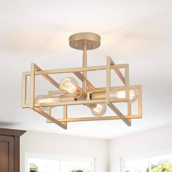 ZJVAIVE 14.96 in. 4-Light Geometric Gold Modern Semi-Flush Mount Ceiling Light with No Bulbs Included