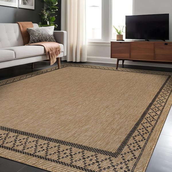 Natural 10 ft. x 14 ft. Solid Washable Modern Indoor Outdoor Area Rug