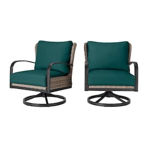 Hazelhurst Brown Wicker Outdoor Patio Swivel Lounge Chair with CushionGuard Malachite Green Cushions (2-Pack)