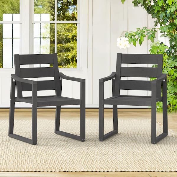 LUE BONA Gray Square-Leg Plastic HDPS Outdoor Dining Chairs All-Weather Indoor Outdoor Patio Dining Chairs with Armrest(2-pack)