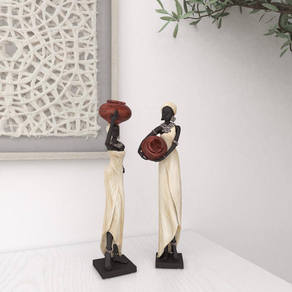16" Cream Resin African Woman Figurines with Red Water Pots, Set of 2
