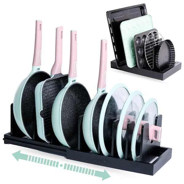 Black Bamboo Expandable Standing Pot Rack, Adjustable Pot Lids Holder Rack, Pots and Pans Organizer for Kitchen
