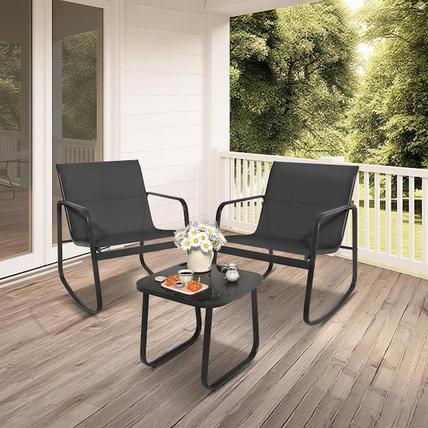 DEXTRUS 3-Piece Patio Outdoor Furniture Bistro Set with Rocking Bistro Chairs and Glass Table