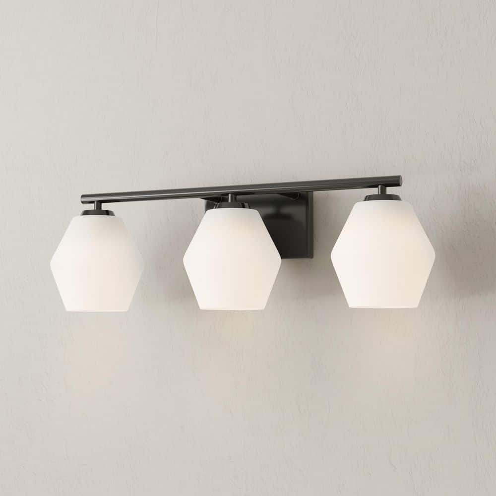 Matte Black Three-Light Geometric Vanity Light with Opal Glass Shades