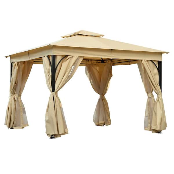 10 ft. x 12 ft. Beige Polyester Steel Outdoor Patio Gazebo Tent with Double Roofs Mosquito Netting and Privacy Screens