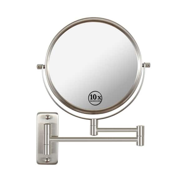 WOODSAM 16.8 in. L x 12 in. W Round Wall Mount Bi-View 10X/1X Magnification Beauty Makeup Mirror in Brushed Nickel