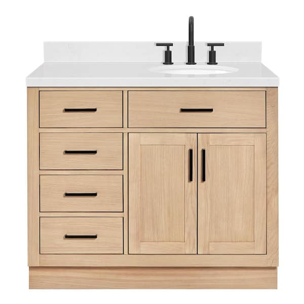 Hepburn 42 in. Single Sink Freestanding Bathroom Vanity in Oak with Carrara White Quartz Top