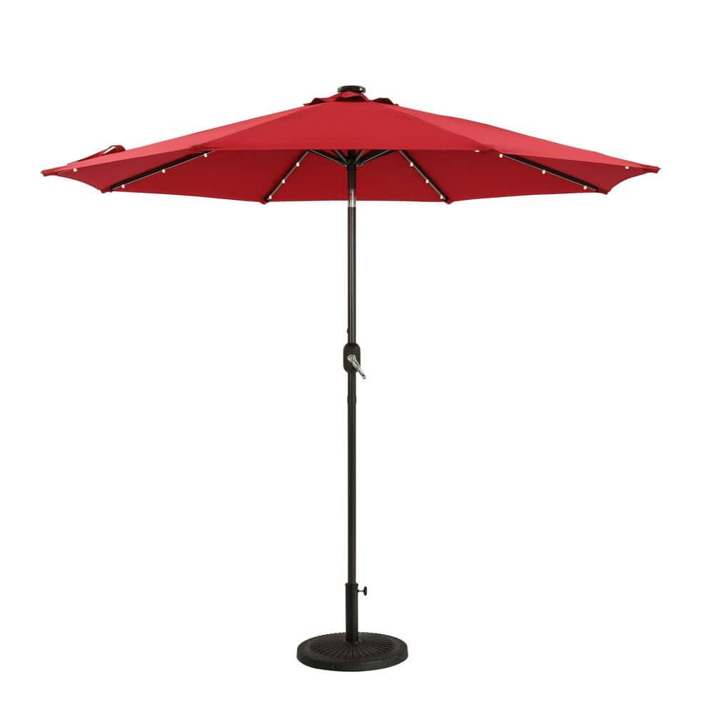9 ft. Aluminum Red Outdoor Solar Led Tiltable Patio Umbrella Market Umbrell