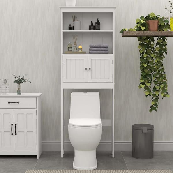 FUNKOL 70 in.H White Freestanding Wooden Bathroom Above Toilet Shelf with 2 Doors & 2 Open Storage Shelves