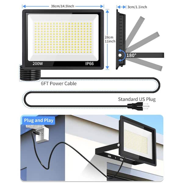 200-Watt Black Plug-in LED Integrated Landscape Flood Light 5000K Daylight IP66 Waterproof Security Light (2-Pack)