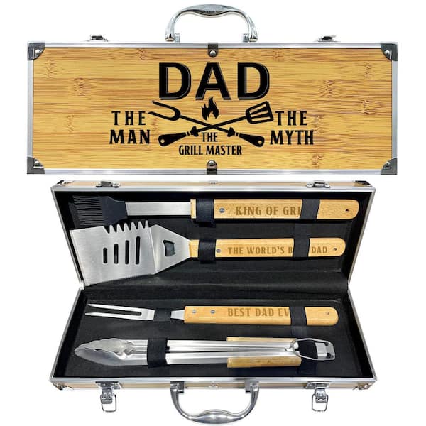 5 Piece Stainless Steel BBQ Tool Set with Wooden Handles Grilling Accessories Kit Non-Slip Portable Case for Dad