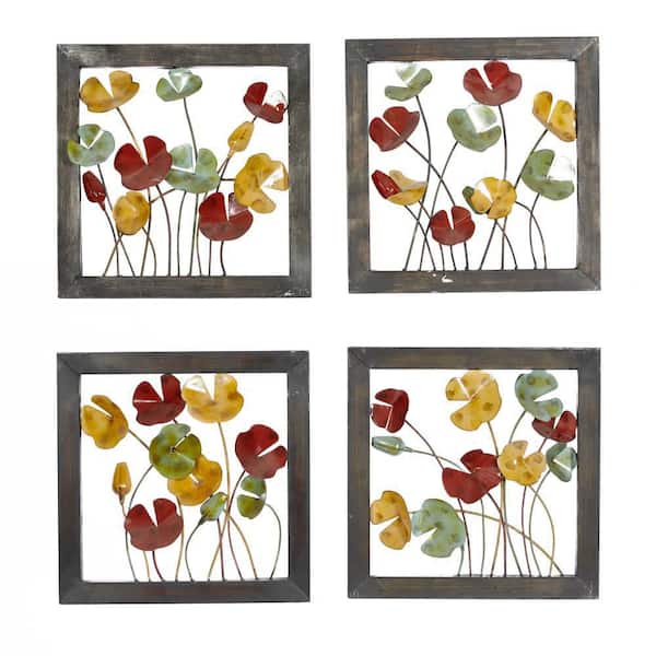 Litton Lane Metal Multi Colored Floral Wall Decor with Black Frame (Set of 4)