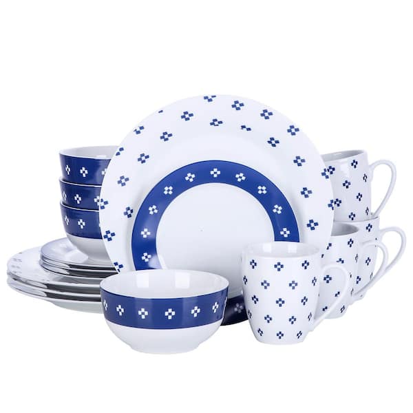 VEWEET 16-Piece White with Blue Porcelain Dinnerware Set Plates and Bowls Set Coffee Mugs(Service for 4)