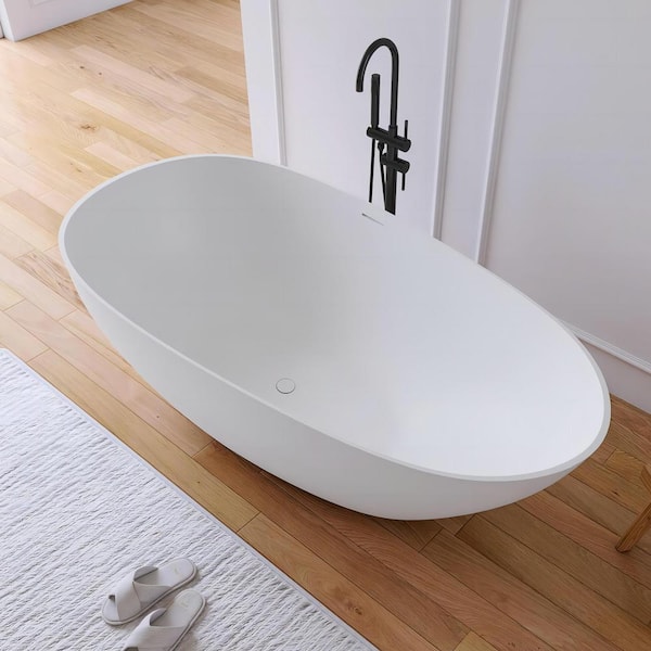 Luna 67 in. x 33 in. Stone Resin Solid Surface Matte Flatbottom Freestanding Soaking Bathtub in White