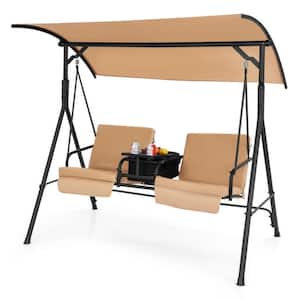 2-Person Metal Porch Swing Chair with Adjustable Canopy in Beige