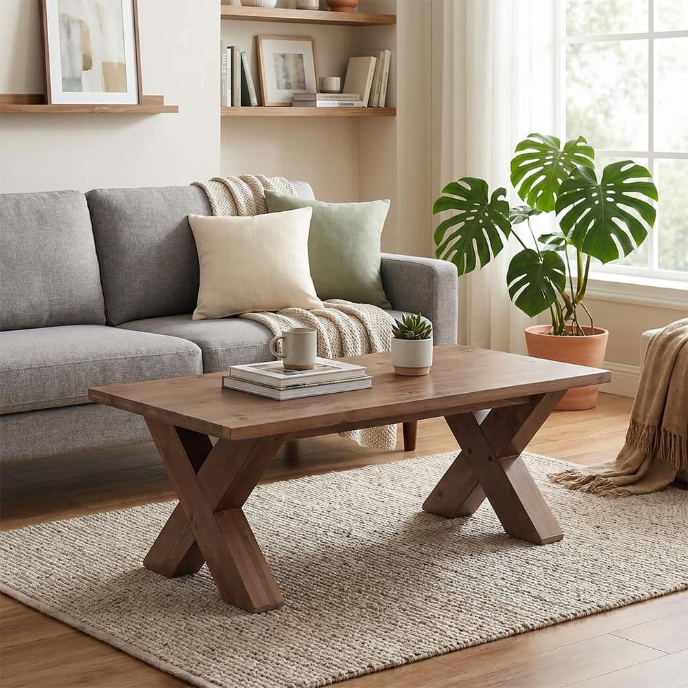 47.24 in. Brown Rectangle Solid Wood Coffee Table with Cross Legs for Living Room price history on PriceWatchPro