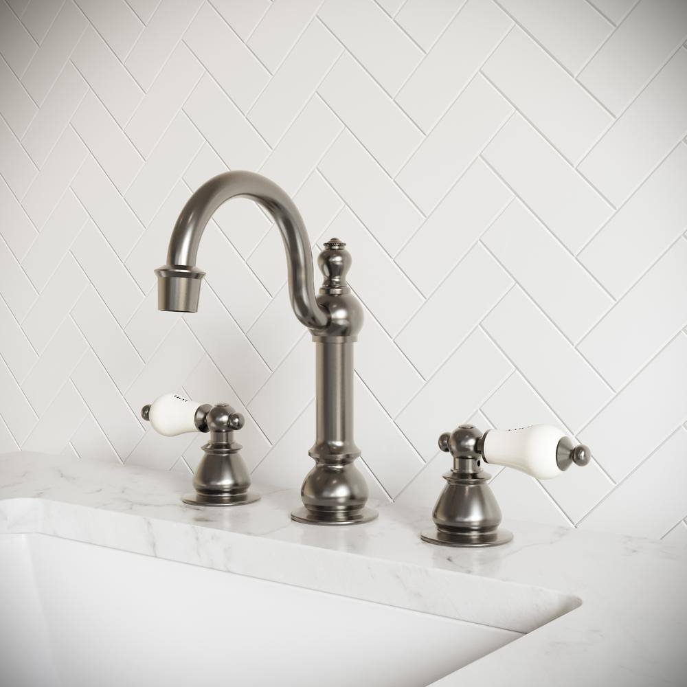 Brushed Nickel Vintage Widespread Bathroom Faucet with Porcelain Levers