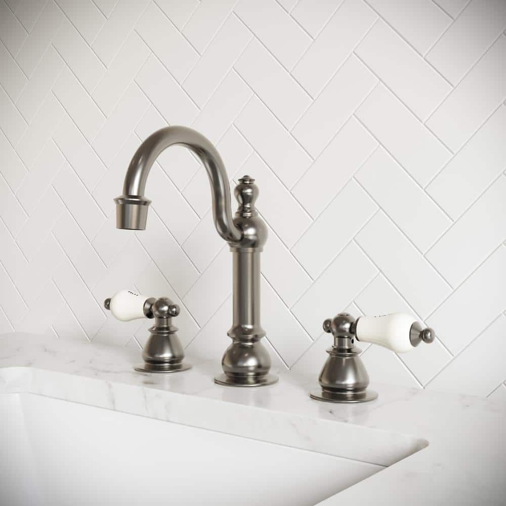 Brushed Nickel Vintage Widespread Bathroom Faucet with Porcelain Levers