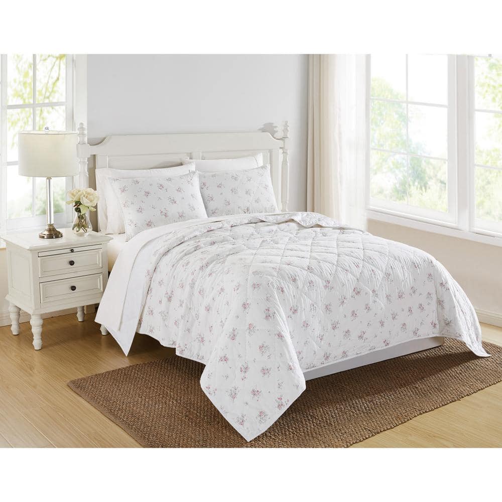 White and Pink Floral Cotton Twin XL Quilt Set