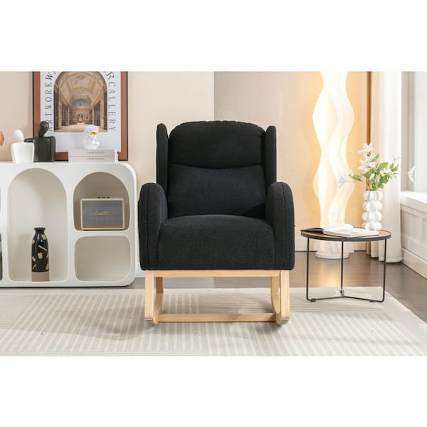 38 in. Black Teddy Fabric Rocking Chair with Wood Legs, Modern Tufted Back for Living Room and Bedroom