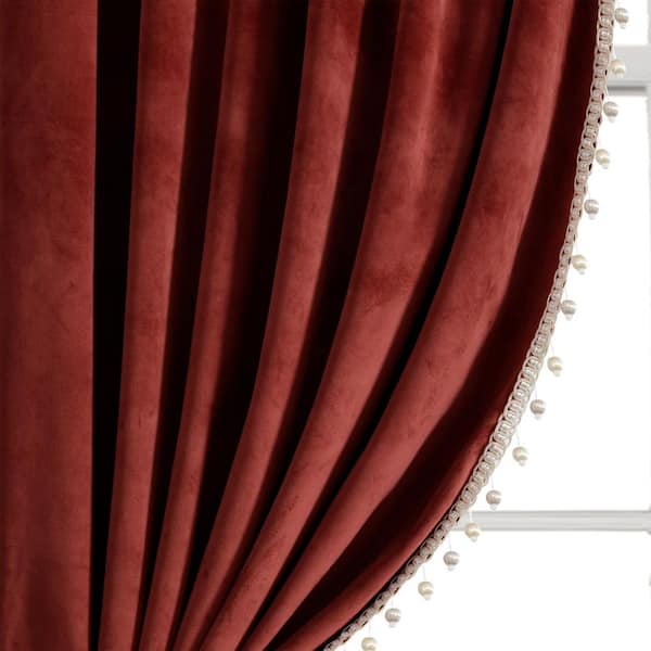 HOMEBOUTIQUE Luxury Vintage 52 in. W x 84 in. L Velvet with Silky Pompom Trim Light Filtering Window Curtain Panel in Rust Single