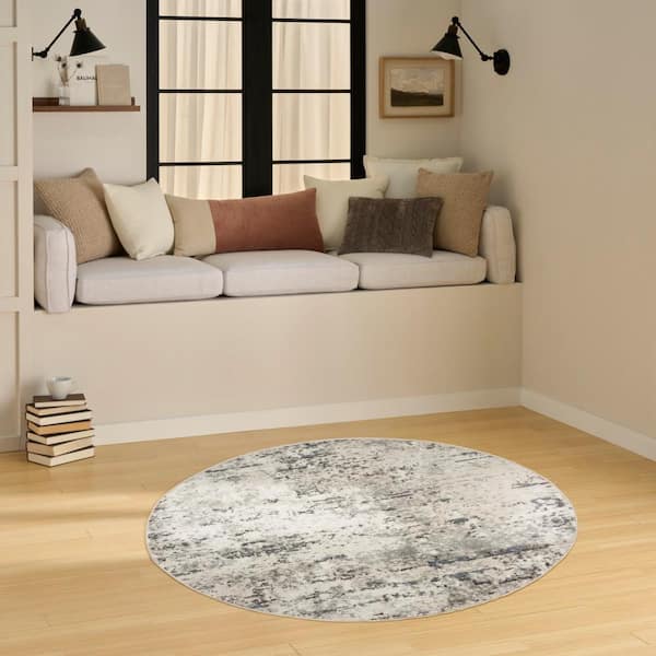 Concerto Ivory Blue Grey 4 ft. x 4 ft. Distressed Contemporary Round Area Rug