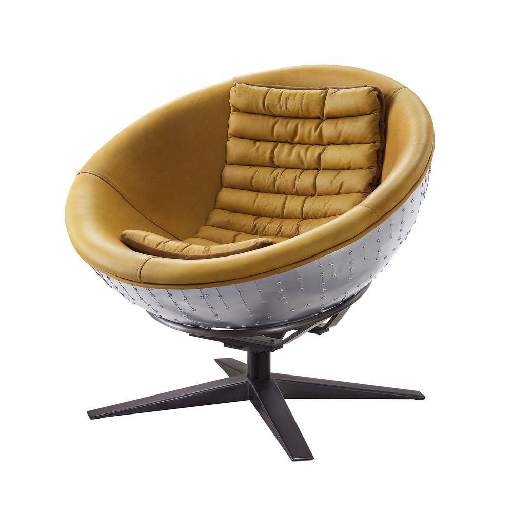 Turmeric Leather and Aluminum Barrel Accent Chair