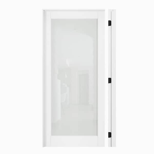 36 in. x 80 in. 1-Lite Frosted Glass Right Hand White Solid Core Glass Single Prehung Interior Door+ Quick Assemble Jamb