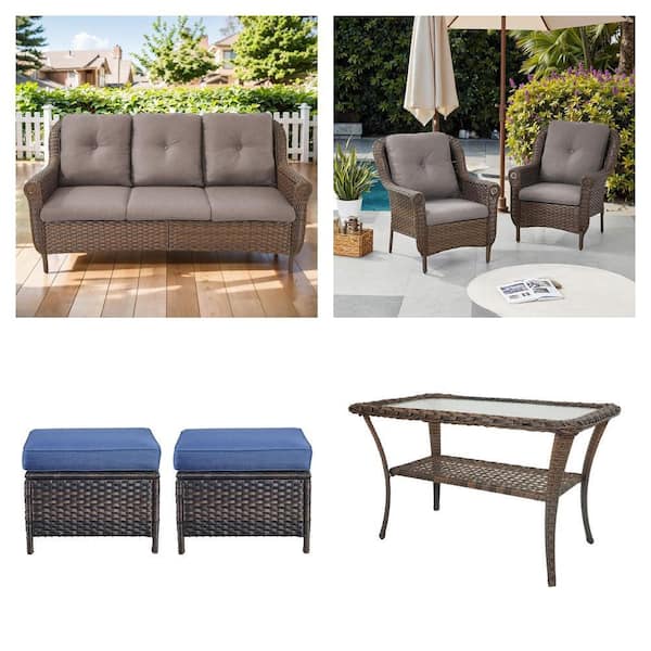 Chrysanthemum Brown Wicker Patio Set: 3-Seat Sofa, 2-Pack Lounge Chairs, 2-Pack Ottoman and Side Table