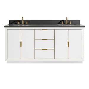Austen 73 in. W x 22 in. D Bath Vanity in White with Gold Trim with Quartz Vanity Top in Gray with White Basins