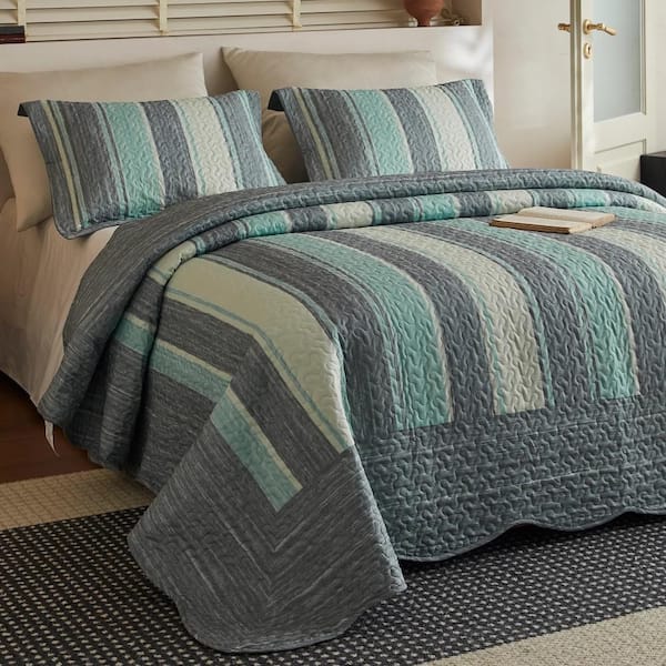 BY224 3-Piece Modern Blue Striped Queen Size Polyester Quilt Lightweight Bedspread Set