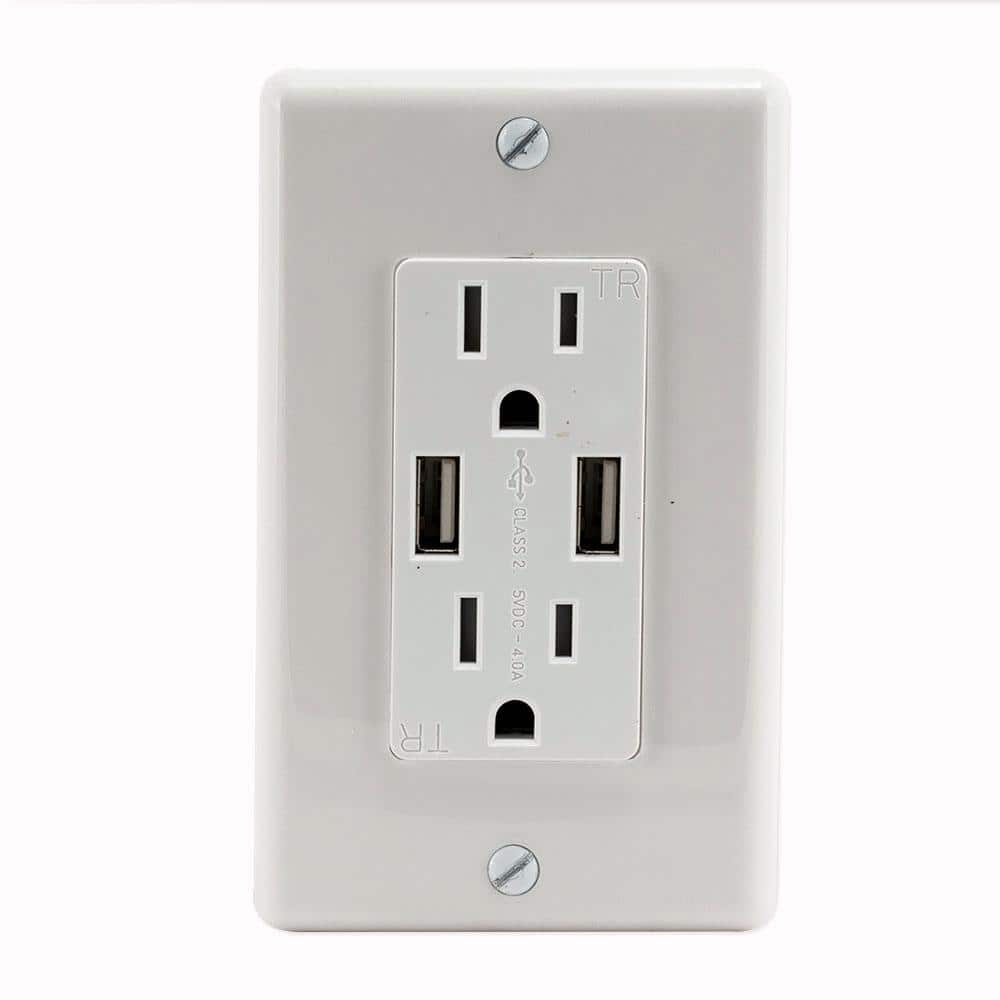 White Thermoplastic Tamper-Resistant Duplex Outlet with USB Ports