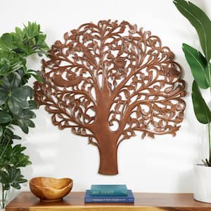 43 in. x 45 in. Wooden Brown Carved Tree Wall Decor with Bird Accents