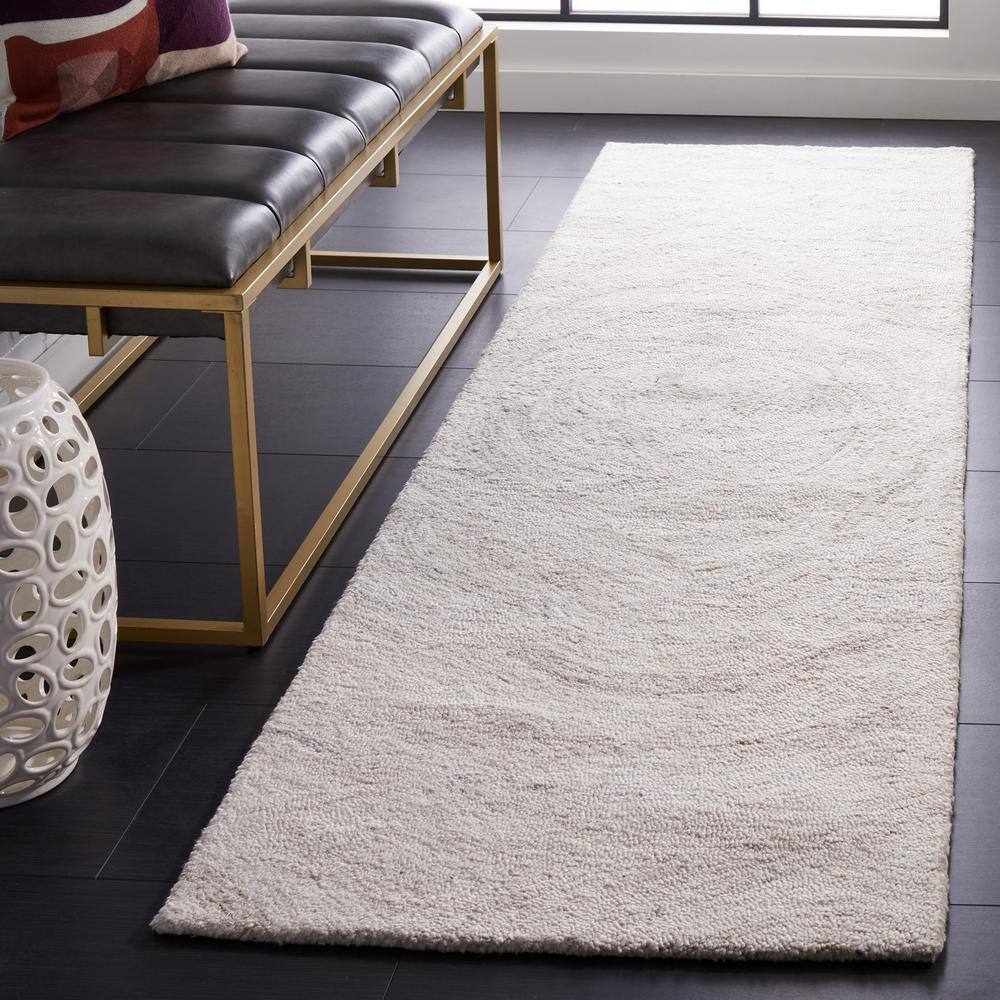 Abstract Light Grey and Beige Hand-Tufted Wool Runner Rug