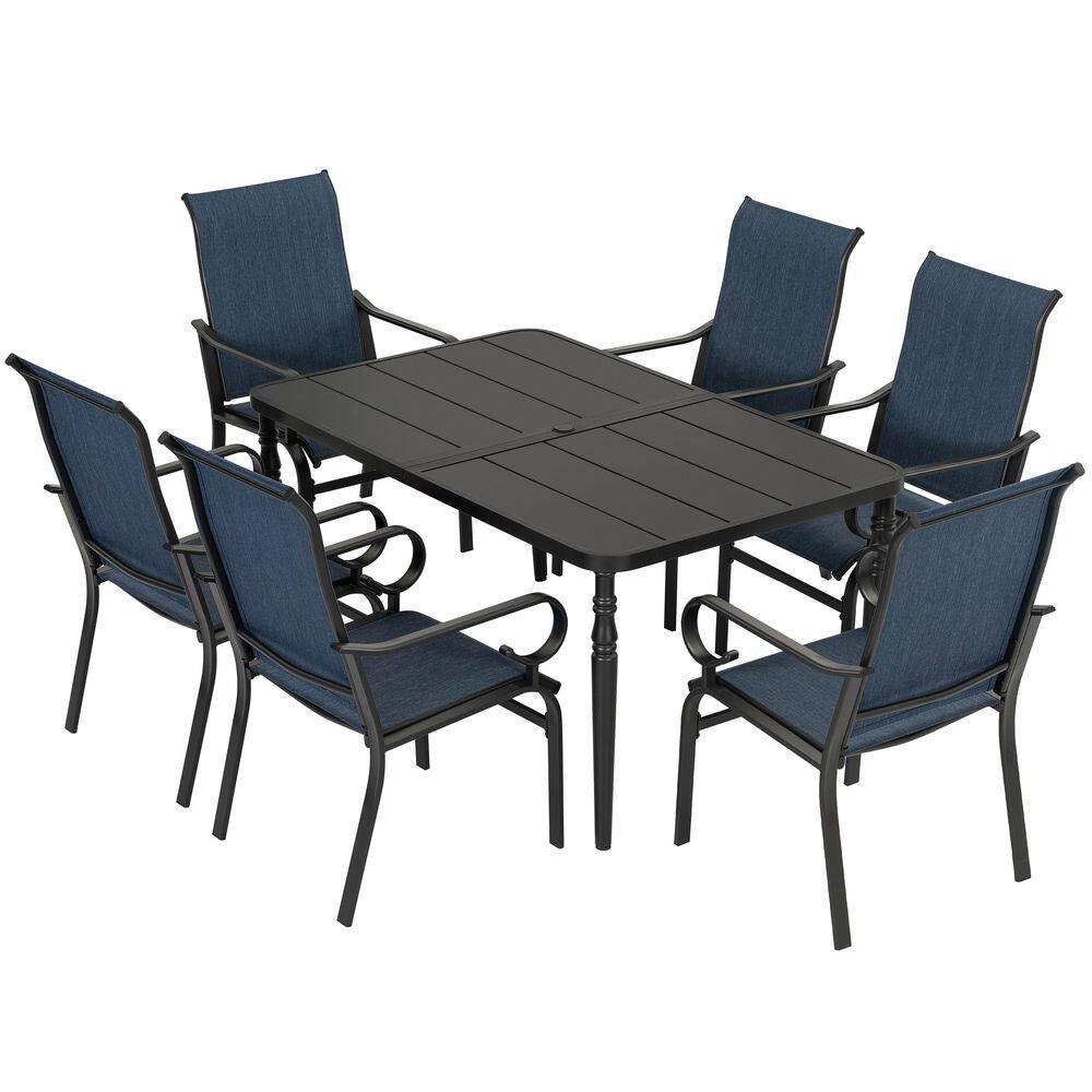 Black 7-Piece Textilene and Metal Rectangular Outdoor Dining Set with Umbrella Hole, Textilene Chairs price history on PriceWatchPro