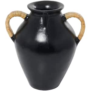 19 in. Black Jug Inspired Ceramic Decorative Vase with Rattan Wrapped Handles