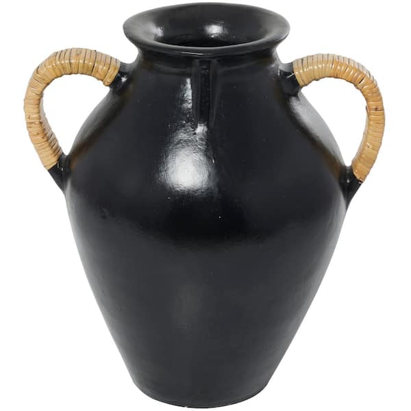 Litton Lane 19 in. Black Jug Inspired Ceramic Decorative Vase with Rattan Wrapped Handles