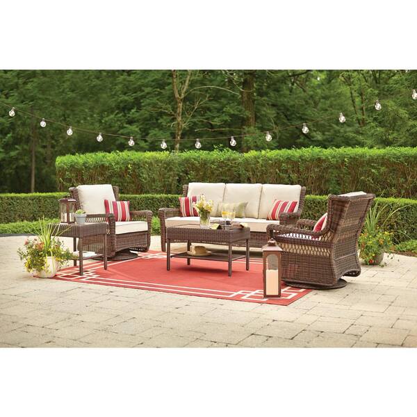 Hampton Bay Wicker Outdoor Coffee Table with Powder-Coated Steel Frame in Brown Finish 