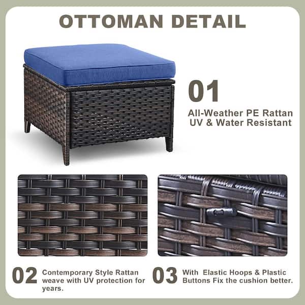 Arcline Brown Wicker Outdoor Ottoman with Olefin Blue Cushions for Patio/ Porch (2-Pack)