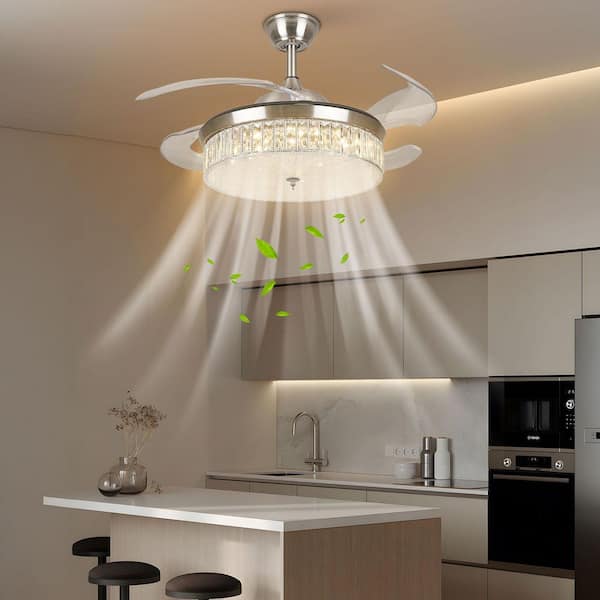 42 in. Silver and Gray Modern Downrod Mount Retractable Fandelier Ceiling Fan with 3-Color Integrated LED and Remote