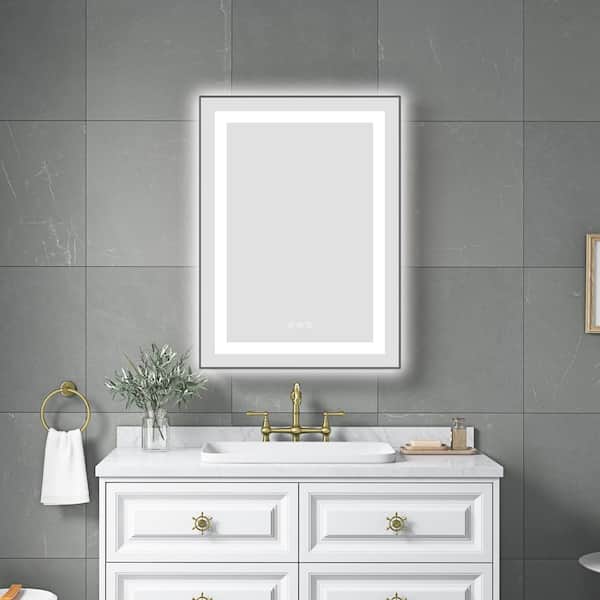FORCLOVER 32 in. W x 24 in. H Rectangular Framed Anti-Fog Dimmable Front and Backlit LED Wall Bathroom Vanity Mirror in Gun Ash