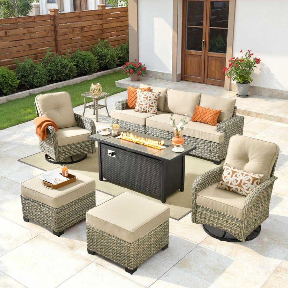 Merritt 9-Piece All-Weather Wicker Outdoor Patio Fire Pit Conversation Sofa Set with Swivel Chairs and Beige Cushions