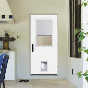 Miniblind Painted Steel Prehung Front Door with Brickmold and Pet Door