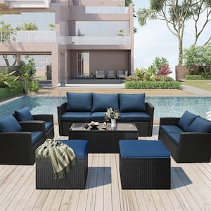 7-Piece Wicker Conversation Set with Navy Blue Cushions