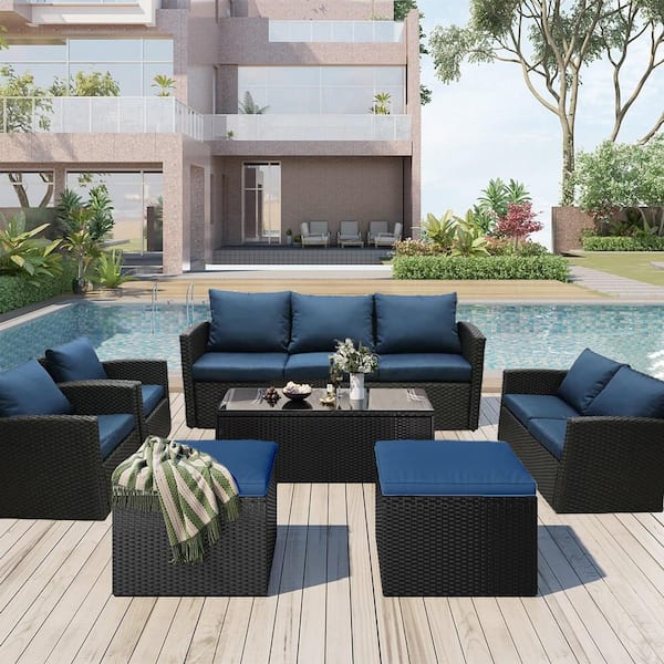 SUNVIVI 7-Piece Wicker Conversation Set with Navy Blue Cushions