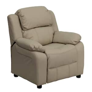 Deluxe Padded Contemporary Beige Vinyl Kids Recliner with Storage Arms