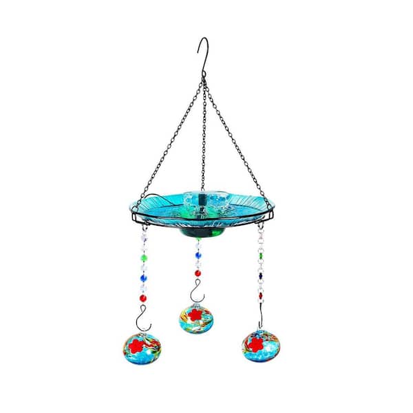 2-in-1 Hummingbird Feeder and Bird Bath 26 in. 11 in. Black Glass Solar Fountain with Hand-Blown Feeder Pots