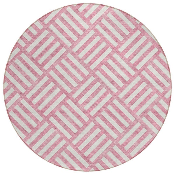 Pink, Ivory 8 ft. Round Woven Geometric Polyester Round Indoor/Outdoor Area Rug